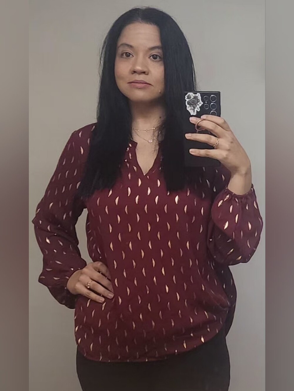 Papermoon Burgundy Long-Sleeve V-Neck Printed Blouse